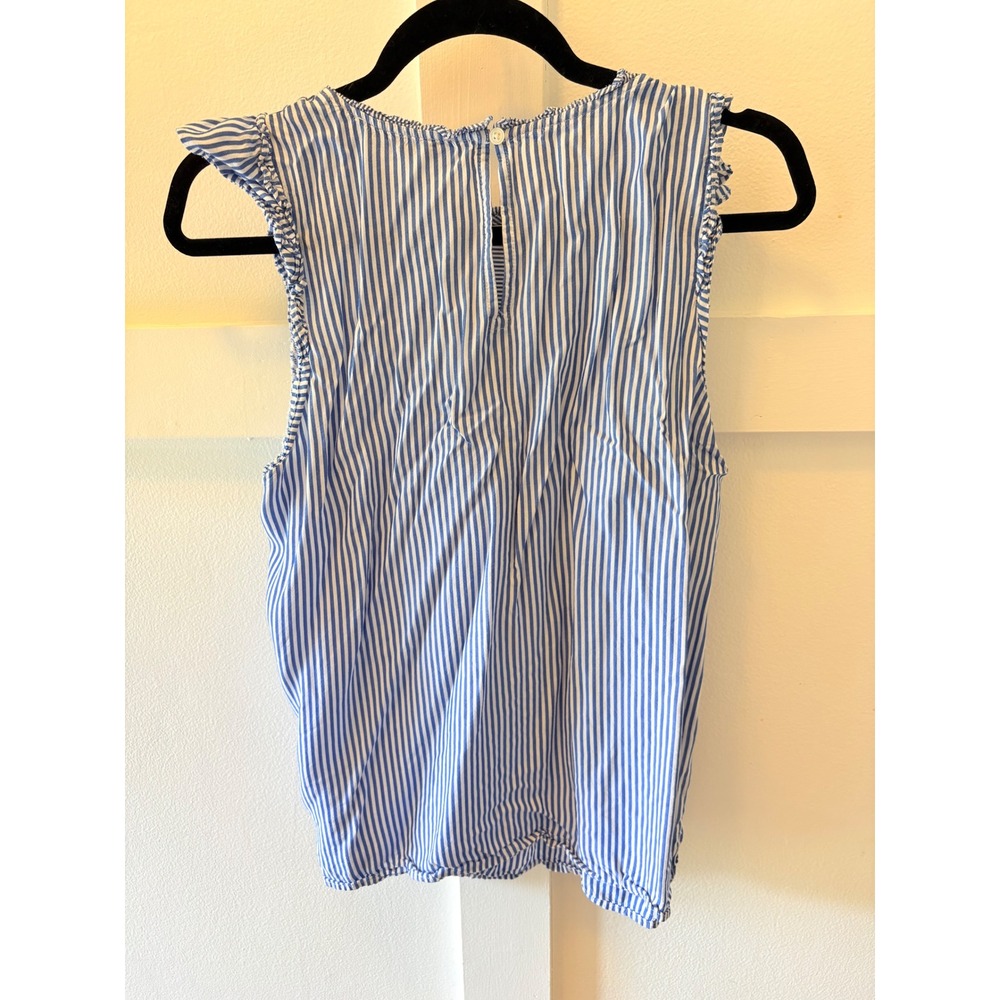 LOFT Blue White Striped Ruffle Sleeve Blouse Top Medium Keyhole Back Sleeveless - Picture 2 of 7